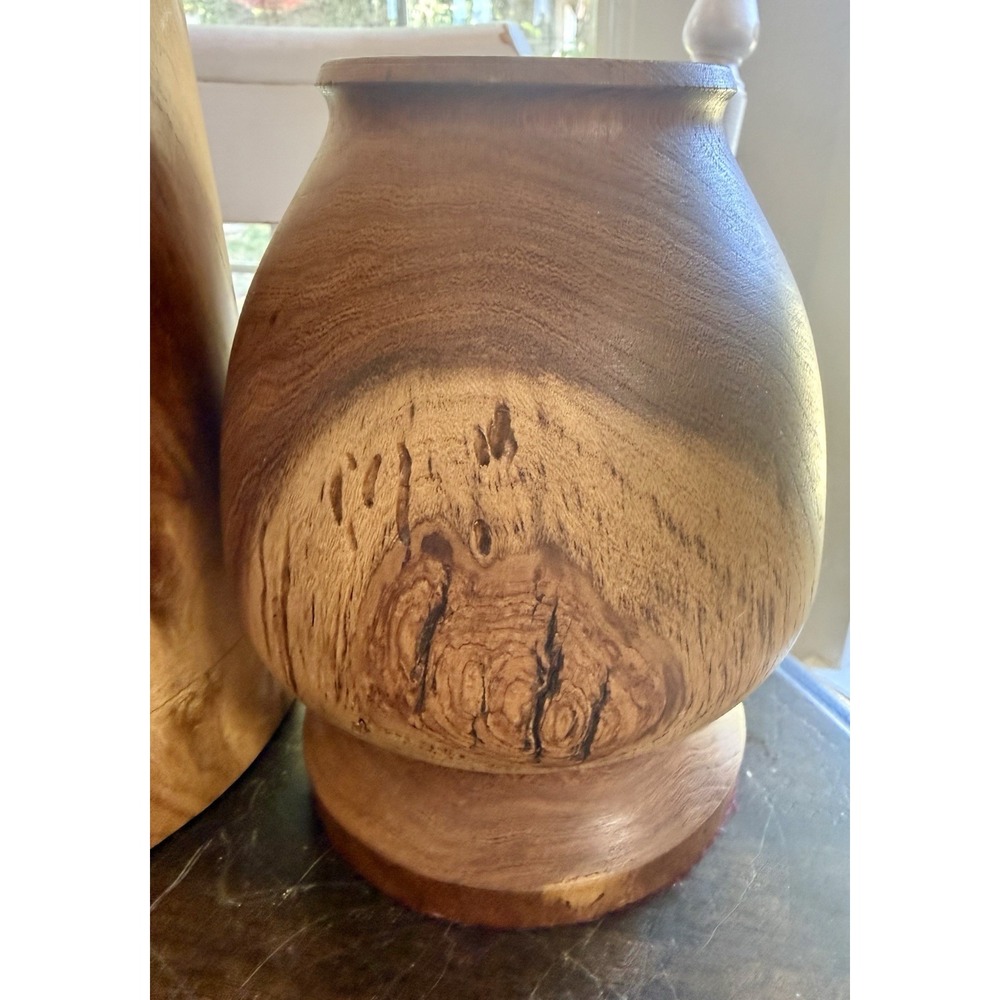 Vintage Hand Turned Solid Wood Decorative Vase Set 2 Rustic Artisa - Picture 2 of 9